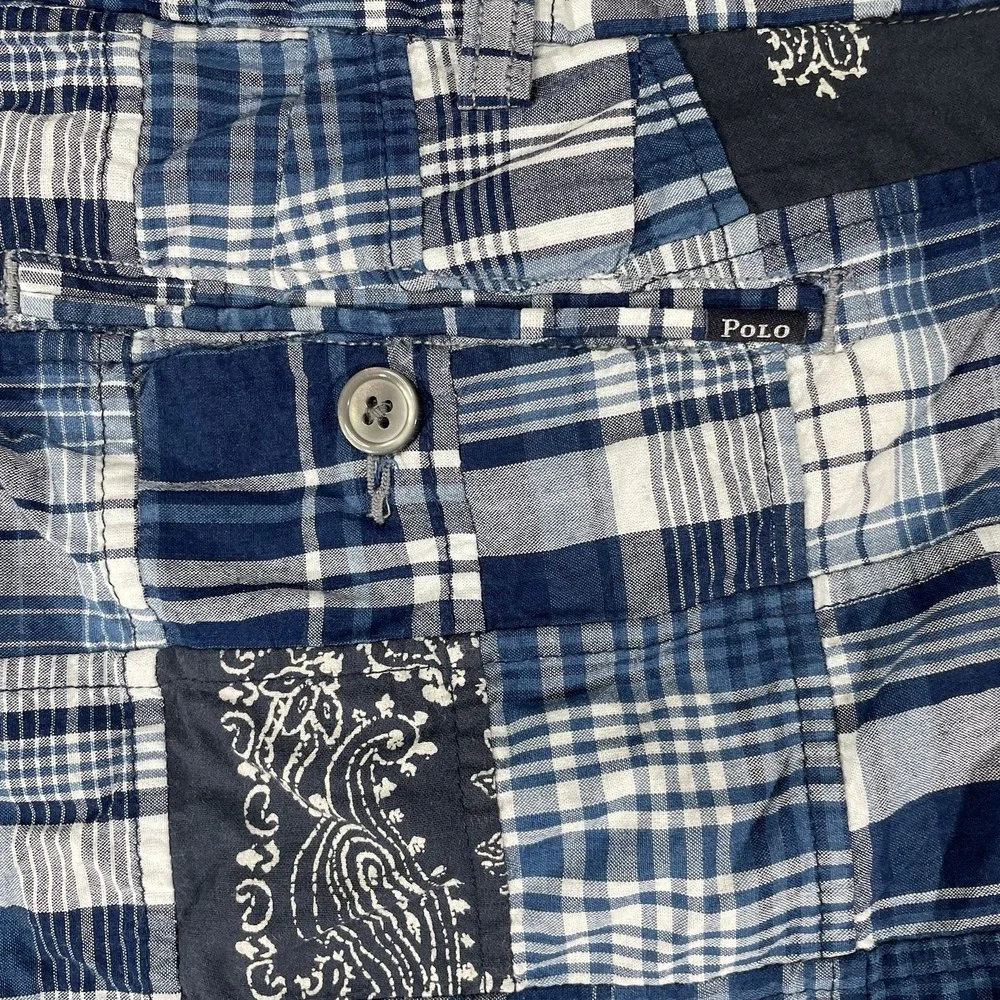 Polo Ralph Lauren Mens Shorts 34 Indian Madras Blue White Plaid Paisley‎ Patch